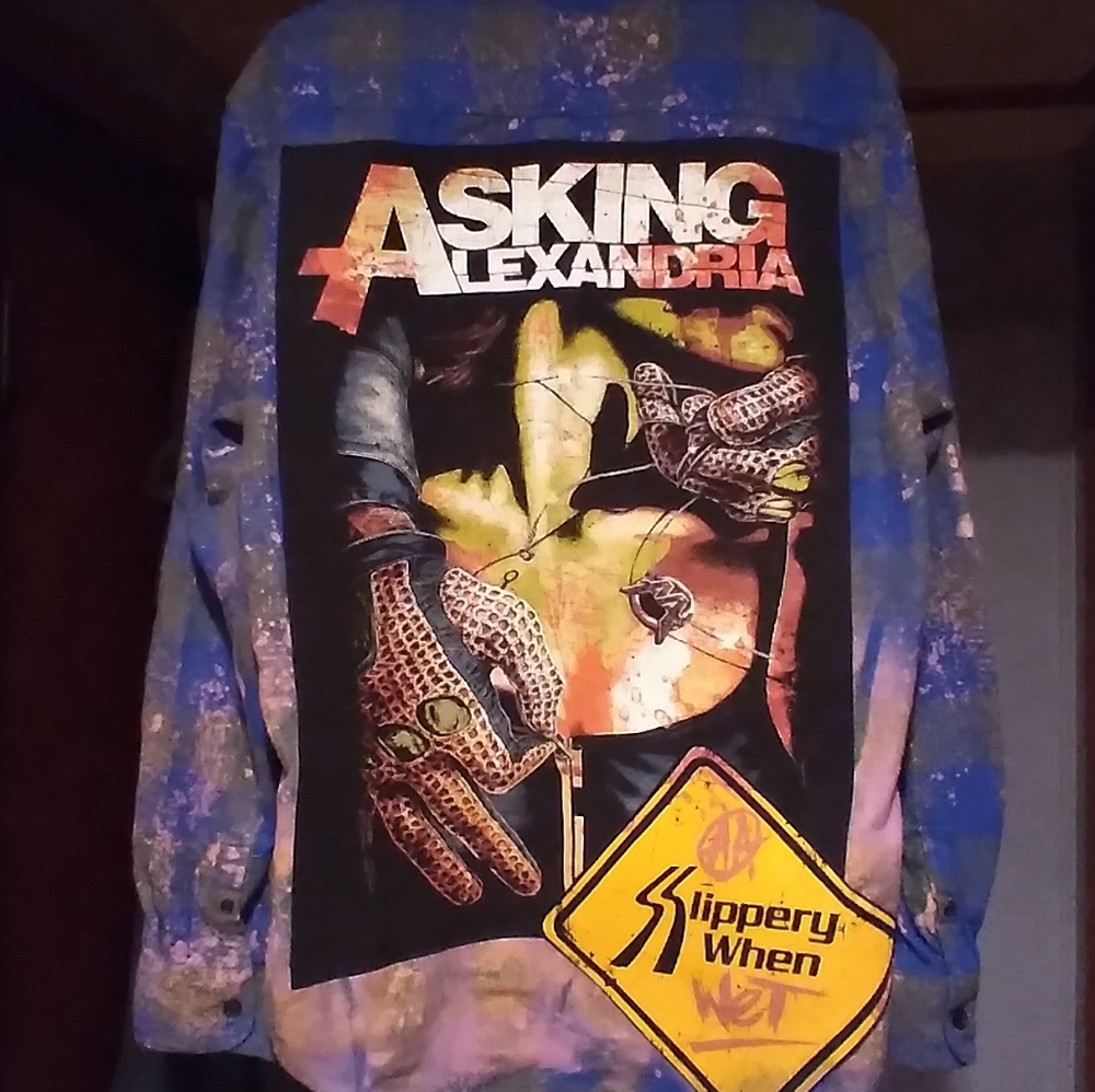upcycled bleached flannel shirt w/ vintage ASKING ALEXANDRIA back patch